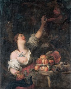 果物で飾られたクラシックな台座でブドウとプットを摘む女性 作： Il Borgognone