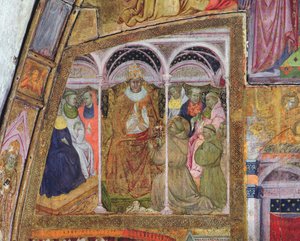 1393年、ポルツィンコラのフレスコ画、耽溺の確認を教皇ホノリウス3世に懇願する聖フランシス 作： Ilario da Viterbo