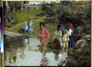 子供たちの釣りパー プリャニシニコフ、イラリオン・ミハイロヴィッチ（1840-1894 作： Illarion Mikhailovich Pryanishnikov