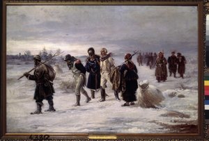 1812年。 (ナポレオンの大陸軍から捕らえられた囚人は、ロシアの農民に付き添われて、疲れ果てて雪の中を​​歩きます)。 Illarion Mikhailovich Pryanishnikov（1840-1894）による絵画、キャンバスに油彩 作： Illarion Mikhailovich Pryanishnikov