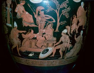 紀元前 4 世紀のトロイの袋からのシーンを含むギリシアの赤像式渦巻クラテル