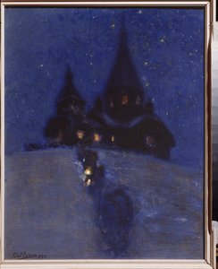 クリスマスの夜、クオッカラ (ロシアのレピノ) にある教会。 Yuri Ilyich Repin (Youri Repin) (1877-1954) による絵画、木に油彩、1910 年頃。ロシア美術、20 世紀。 I. レーピン記念博物館ペナテス、サンクトペテルブルク。 作： Ilya Efimovich Repin