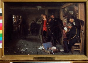 プロパガンダの逮捕。 Ilya Repin (Ilia Repin) (1844-1930) による絵画、木に油彩 作： Ilya Efimovich Repin