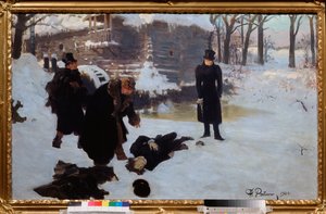 デュアル。 (詩人アレクサンドル・プーシキン (1799-1837) が、1837 年 1 月 25 日、サンクトペテルブルク郊外でライバルのジョルジュ・シャルル・ド・ヘーケレン・ダンテス (1812-1895) に殺害された) の絵画 (イリヤ・レーピン) ) (1844-1930)、キャンバスに油彩 作： Ilya Efimovich Repin