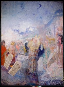 モーセと十戒。 彼の後ろには、黄金の子牛。 Yuri Ilyich Repin (Youri Repin) (1877-1954) による絵画、キャンバスに油彩、1930 年頃。 ロシア美術、20 世紀、現代美術。 I. レーピン記念博物館ペナテス、サンクトペテルブルク。 作： Ilya Efimovich Repin