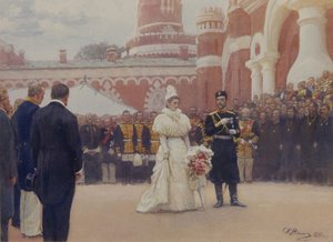 1896年5月18日、モスクワのペトロフスキー宮殿の庭で長老を迎えるニコラス2世、1897年