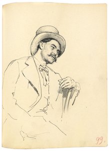 「パリジャンカフェ」のための研究：帽子をかぶった着席男、c。 1872-1875 作： Ilya Efimovich Repin