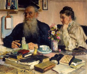 「ヤスナヤ ポリャーナで妻と一緒にいる作家レオ トルストイ」、1907 年。 作： Ilya Efimovich Repin