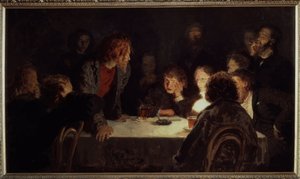 革命的な会議。 Ilya Repin (Ilia Repin) (1844-1930) の絵画、キャンバスに油彩 作： Ilya Efimovich Repin