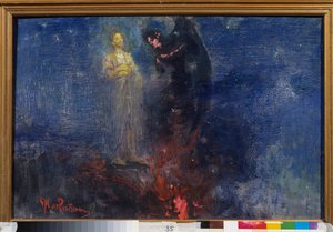 消えろ、サタン！ （それゆえ、サタンよ！） （イエス・キリストは夜行性の風景の中で悪魔を撃退します）。 Ilya Repin (Ilia Repin) (Ilia Repin) (1844-1930) による絵画、キャンバスに油彩、1850 年以降。 ロシア美術 作： Ilya Efimovich Repin