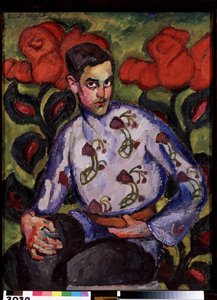 花とシャツの少年の肖像画。 Ilya Ivanovich Mashkov（Ilia Mashkov、Matchkov）（1881-1944）による絵画、キャンバスに油彩