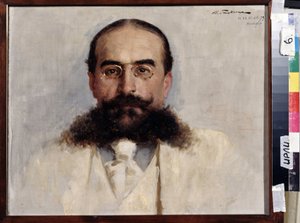 作家、教育者、劇作家のウラジミール・ネミロヴィチ・ダチェンコ (1858-1943) の肖像 (作家、教育者、劇作家のウラジミール・I・ネミロヴィチ・ダンチェンコの肖像)。 Ilya Savvich Galkin（1860-1915）による絵画、キャンバスに油彩 作： Ilya Savich Galkin
