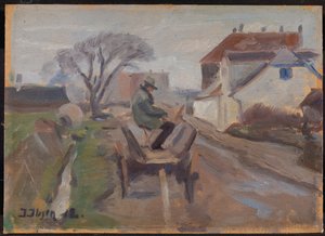 ワゴンに座る画家オルンド・ハンセン 作： Immanuel Ibsen