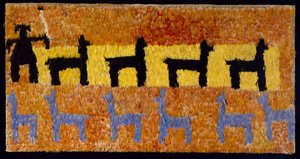 ラマとラマ飼いの羽パネル、AD 1450-1534（綿と羽毛）