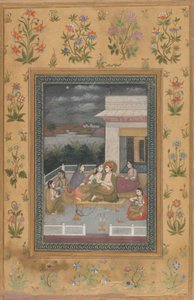 アテンダントとミュージシャンに囲まれたテラスのカップル 作： Indian 18th Century