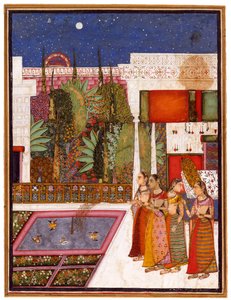 18世紀半ばの宮殿の庭の4人の女性。 作： Indian Art