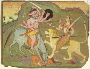 47.110/174 マヒシャスラと闘うドゥルガー（「Devi Mahatmya」フォリオより）、デーヴァナーガリー、裏面にテキスト、ラジャスタン州ビカネール、ラージプト派 作： Indian School