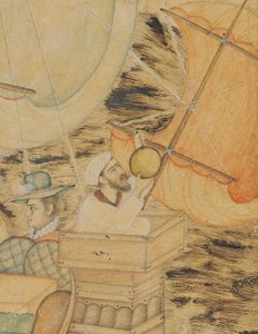 海の怪物に襲われたキャラベル船、ムガル帝国、1590年頃（紙に金と銀で強調された不透明な顔料） 作： Indian School