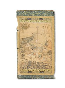 海の怪物に襲われたキャラベル船、ムガル帝国、1590年頃（紙に金と銀で強調された不透明な顔料） 作： Indian School