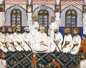 ダルバールでの礼拝用の服を着たジャイプールのラージャ、1845年頃（不透明なトイレと紙の上の金） 作： Indian School