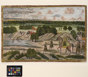 狩猟遠征中のナワブと彼の家臣、1780年頃（不透明な水彩画と紙に金） 作： Indian School