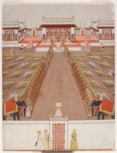 パビリオン内の保持者と2頭の象の道を越えたNawabの法廷、c.1765（不透明なトイレと紙の上の金） 作： Indian School