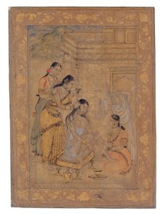 ヤングウーマンズトイレット、1675-1700（紙に不透明なトイレとゴールド） 作： Indian School