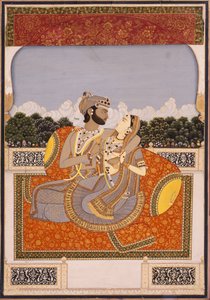 テラスで抱き合うカップル、1835年頃（不透明なトイレ、漆、金、紙にガラス） 作： Indian School