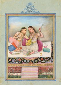 1660年頃、仲間が聞いている間にタンブールを演奏している少女 作： Indian School