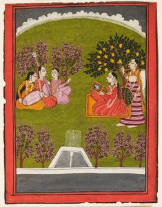 庭で鏡を持って座る婦人と女中、3人の音楽家 1909年頃（紙にグワッシュ） 作： Indian School