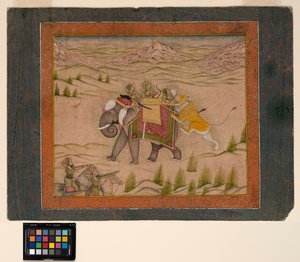 ライオンが象の頂上で狩猟隊を攻撃する、1810年頃（不透明な水彩画と紙に金） 作： Indian School