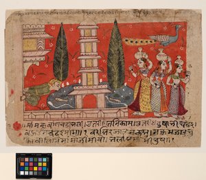宮殿の脇に登る男が、塔のある池を横切ってゴピをスパイします 作： Indian School