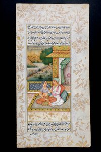 男は私室のシーンで女性を求愛します、ラージャスターンのミニチュア絵画 作： Indian School
