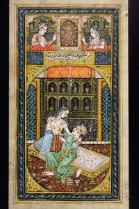 男は豪華な環境で女性を求愛します、ラージャスターンのミニチュア絵画 作： Indian School