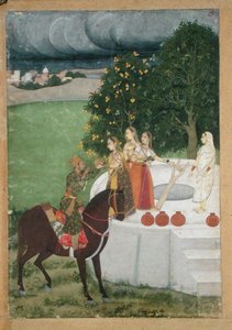 井戸で女性たちから水をもらう騎馬の王子 1760年頃 ムルシダバードの細密画（紙にガッシュ 作： Indian School