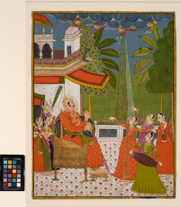 ダンサーやミュージシャンが楽しませている玉座のラジャ、1775年頃（紙に不透明な水彩画） 作： Indian School