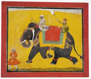 象に乗るラジャ、1690年頃（紙に不透明なトイレ） 作： Indian School