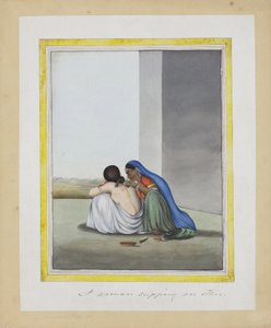 別のカッピングをする女性、c.1815（紙に不透明なトイレ） 作： Indian School