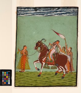 3人の付き添いのある馬に乗った女性、c.1735（紙に不透明な水彩画）