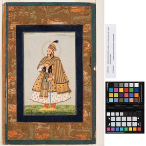Abdullah Qutb Shah nimbate、ゴールドのコートとショールが付いた白いジャマ、1680年頃（不透明な水彩画と紙にゴールド） 作： Indian School
