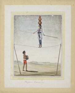 綱渡りのアクロバット、下のドラマー、c.1820（紙に不透明なトイレ） 作： Indian School