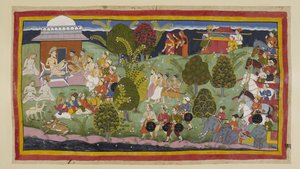 Add 15296 (1) f.105r. 2 人の王子、バラモン、牧師が徒歩でバラドヴァイジャの庵に近づき、3 人の女王が地平線の向こうに離れたところにいて、その後にその子が続きます。 象と戦車を持った軍隊が後ろで待っています。 上に 作： Indian School