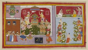 Add 15296 (1) f.106r、彼の魔法の力を通して、Bharadvaja はゲストの娯楽とリフレッシュのための遊園地に宮殿を呼び起こしました。 Bharadvaja と他の修行者とバラモンが謁見の間で座っている間、2 人の王子がモミ