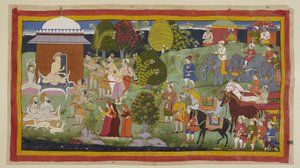Add 15296 (1) f.108r、Bharadvaja は他の修行者や鹿と一緒に小屋の外に座り、王子たちに彼のもてなしを楽しんだかどうか尋ねます。 彼は彼らとその仲間に、ラーマがシトラクタに住んでいることを伝えます。 彼の要求で、王子の紹介 作： Indian School