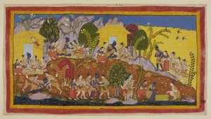 追加 15296 (1) f.114r、中央の上部で、バラタとシャトルグナがラーマの足元に身を投げます。ラーマは弟を抱きしめ、シテアの頭の匂いを嗅ぎます。 ラーマは彼らを膝の上に乗せ、彼らと父親の安否を尋ねます。 作： Indian School