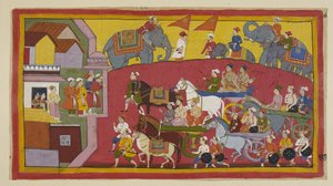 Add 15296 (1) f.128r, Vasistha と王子たちの戦車が、さまざまな大臣や人々を伴ってナンディグラマの町に入る。 作： Indian School