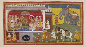 追加 15296 (1) f.129r、NandigRama の玉座の間で、バラタはラーマのサンダルを玉座に置き、集まった司祭と牧師と共にそれらをアヨーディヤーの支配者として据えます。 今後、彼らはラーマ自身のように扱われます。 二人の王子
