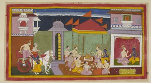 Add 15296 (1) f.15r、左側では、ヴァシスタがラーマの宮殿に到着し、ラーマの助けを借りて馬車から降り、右側では、ラーマと一緒に座って、王の指示に従ってその夜の断食を守るようアドバイスしています。 ラーマとシットのための草の山