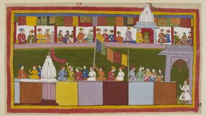 Add 15296 (1) f.17r. アヨーディヤー市の同じ通りは、行進を待つ人々で完全に装飾されています。 彼らは、王様がどれほど賢いか、ラーマを新しい保護者として迎えることができてどれほど幸運であるかを互いに話し合っています。 作： Indian School