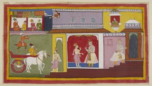Add 15296 (1) f.18r. Vasistha は宮殿に戻り、Dasaratha に式典の準備が整ったことを伝えます。 ダシャラタは宮殿の奥の部屋に引きこもります。 上では、カイケイーの使用人マンタラーが上部の窓から外を眺め、興奮する人々を観察しています。 作： Indian School